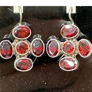 Vtg Garnet Silver Cluster Leverback Earrings Handcrafted Artisan Jewelry Cross